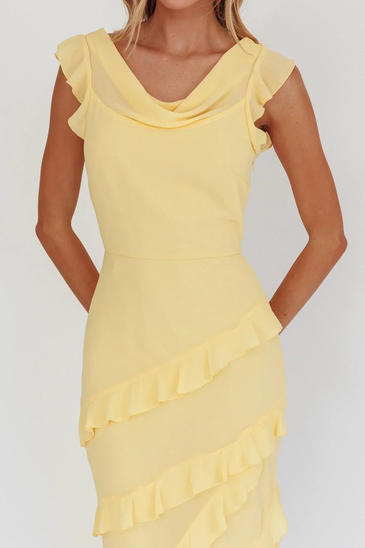 Cowl Neck Flutter Sleeve Tiered Ruffle Maxi Dress 3