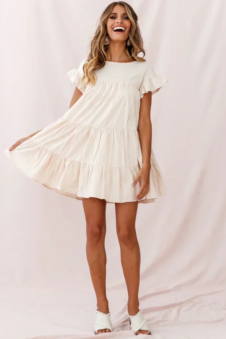 Crew Neck Flutter Sleeve Tiered Ruffle Babydoll Mini Dress 6