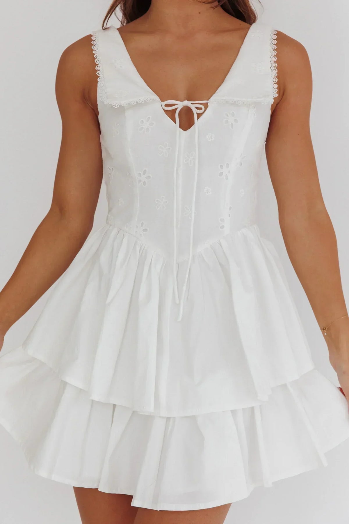 Corella Tied Bust Layered Hem Mini Dress White