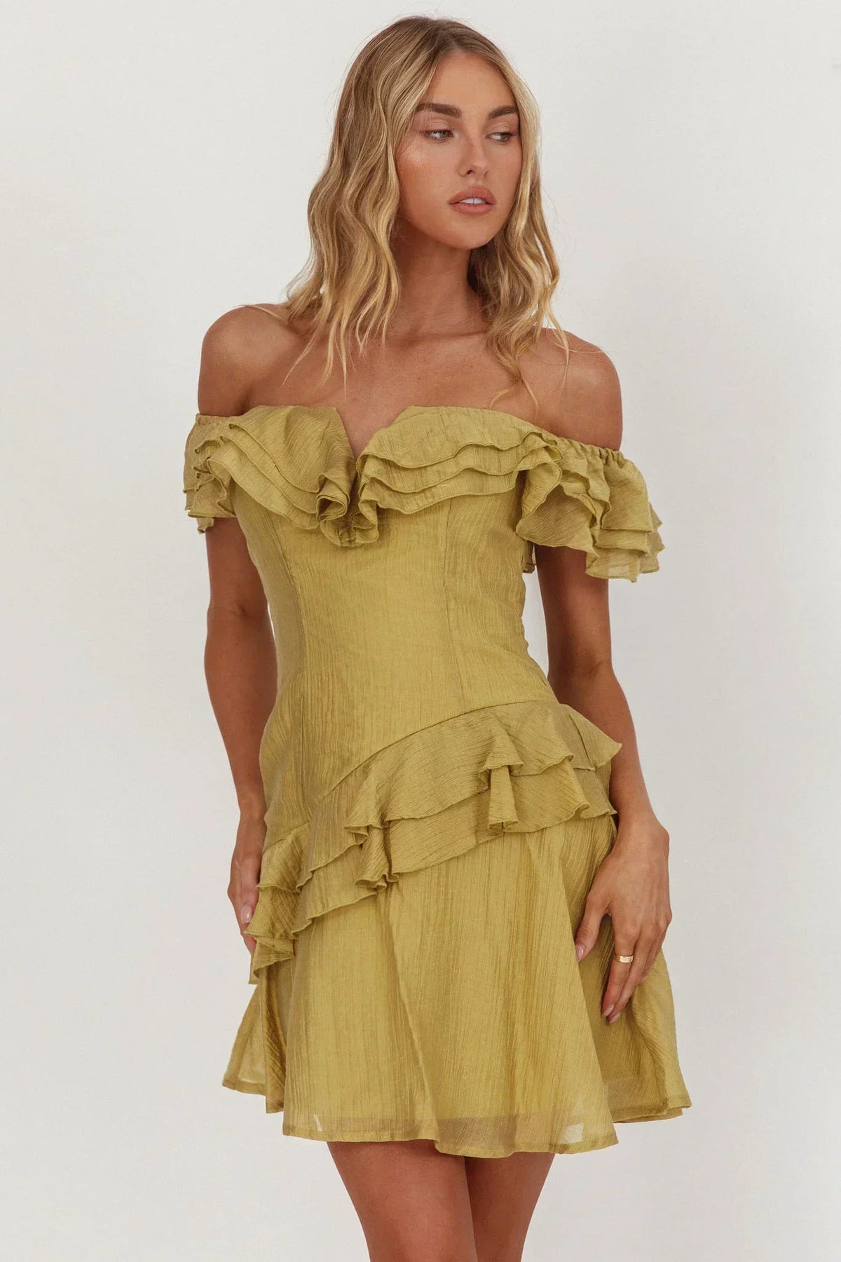 Off Shoulder Layered Ruffle Asymmetric Tiered Mini Dress 5