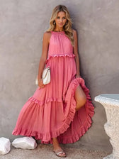 Halter Neck Sleeveless Tiered Ruffle Maxi Dress