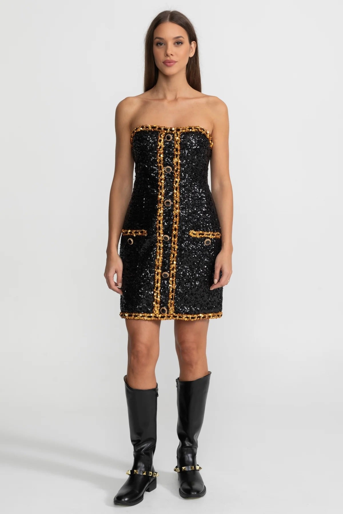Strapless Sequin Chain Trim Button Front Bodycon Mini Dress