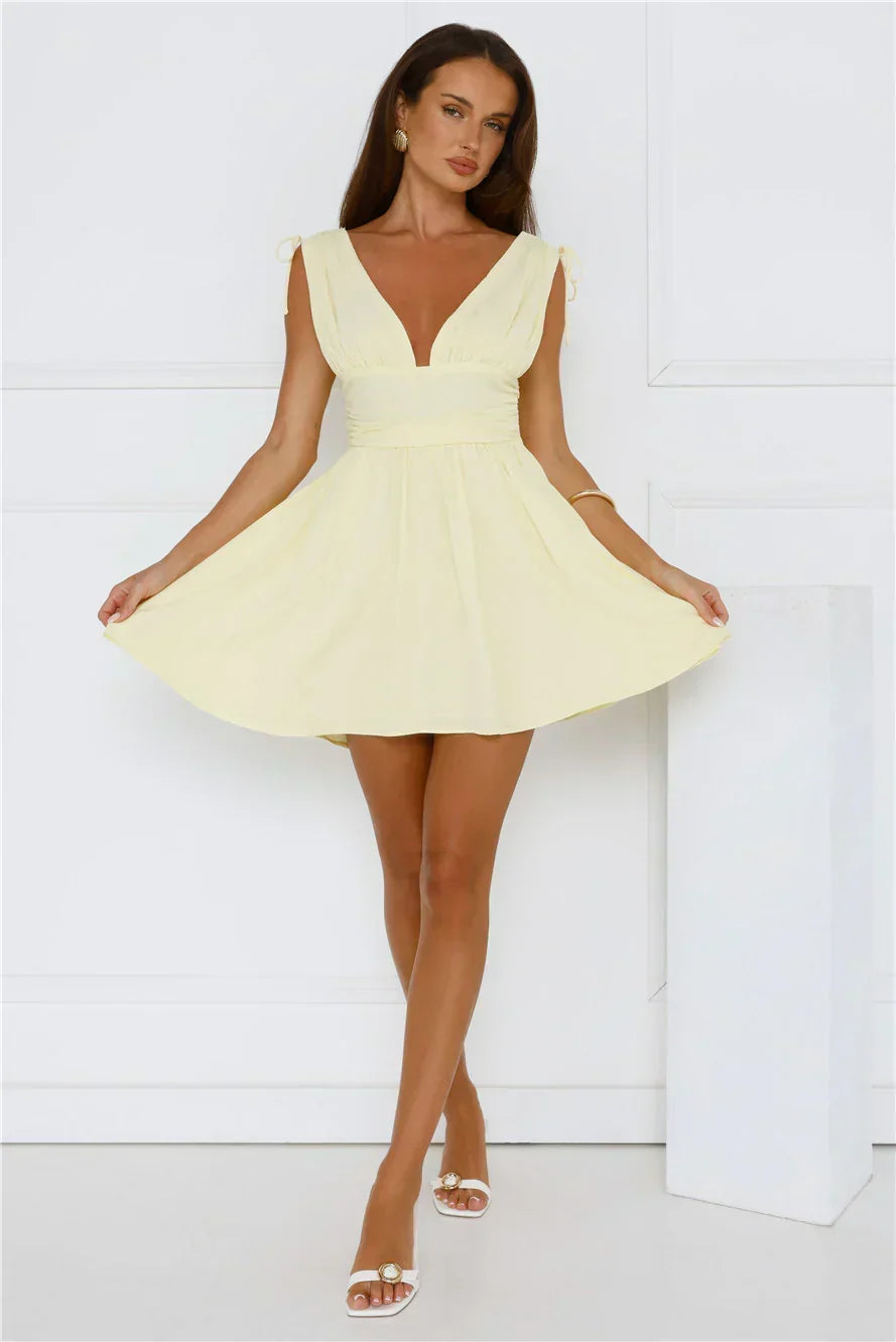 Deep V-Neck Tie Shoulder Ruched Waist Skater Mini Dress 2