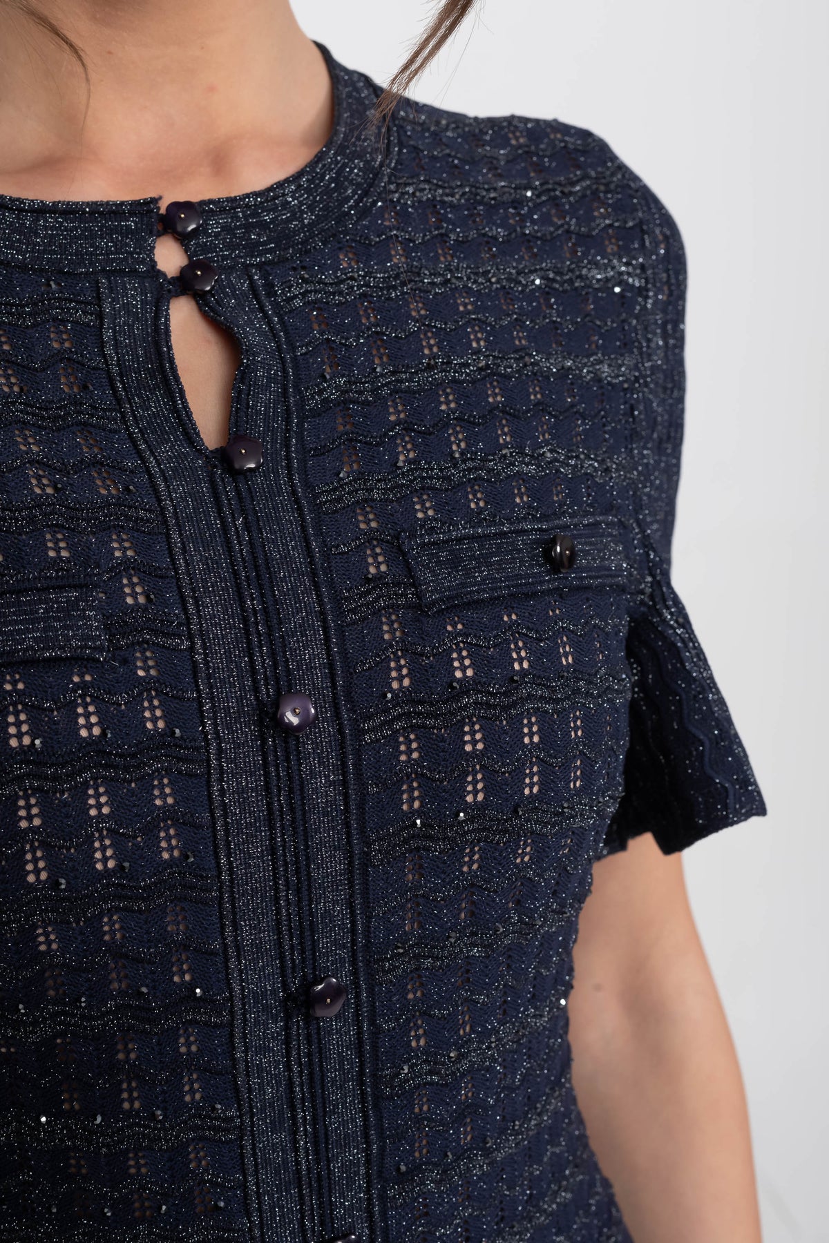 Shimmer Knit Short Sleeve Button Front Keyhole Neck Midi Dress 7