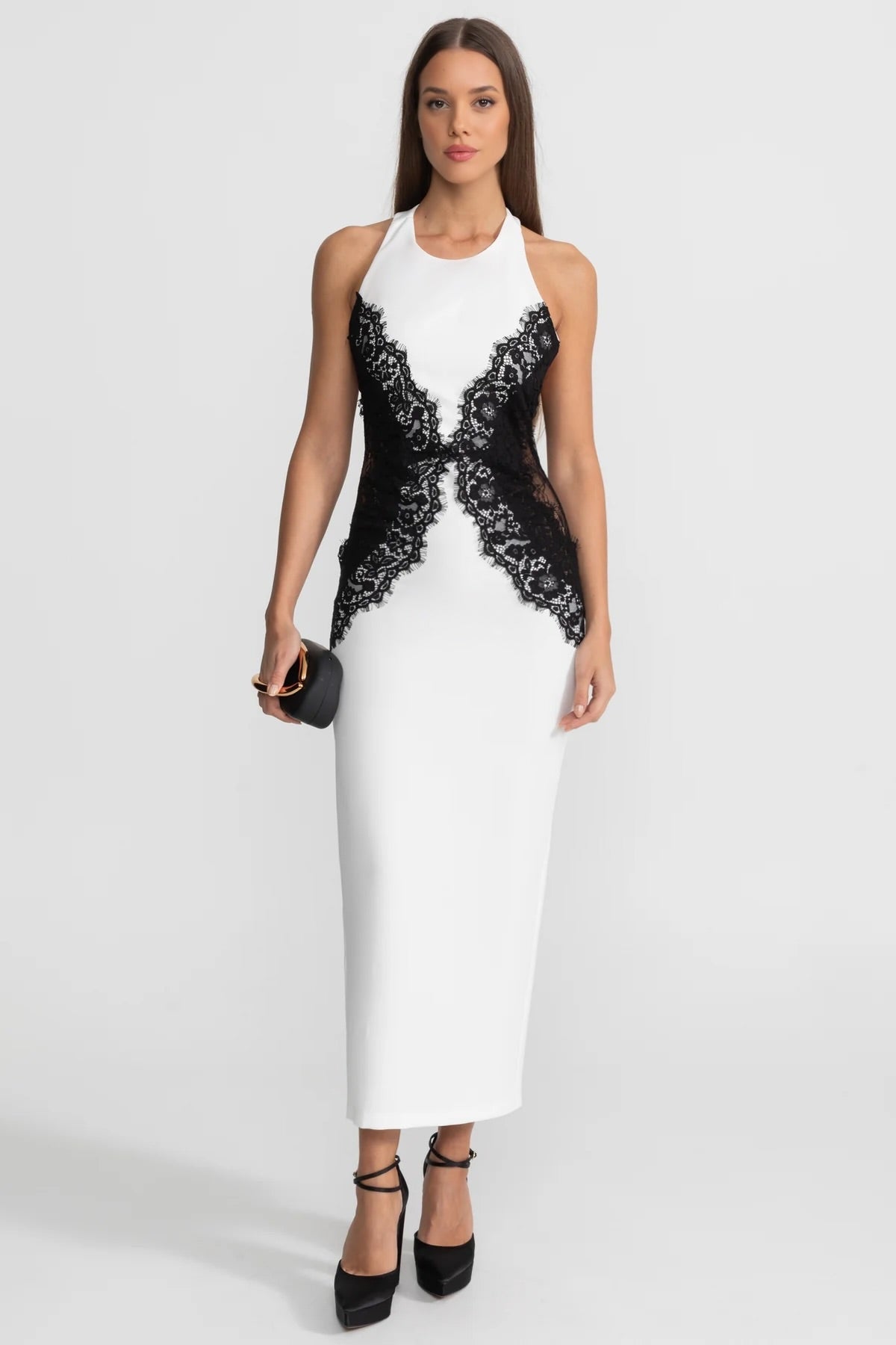 Halter Neck Contrast Lace Panel Sleeveless Column Maxi Dress