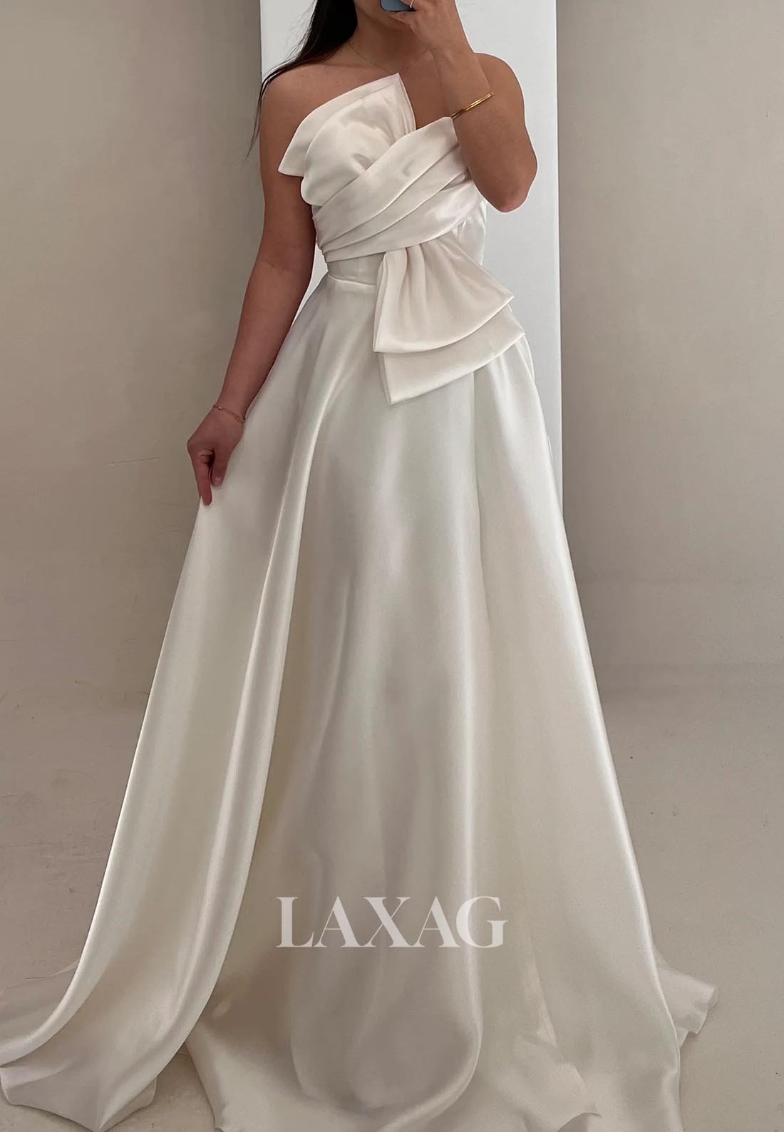 Asymmetrical-Neck Sleeveless A-Line Evening Dress Off-Shoulder Pleated Satin Formal Gowns with Bow