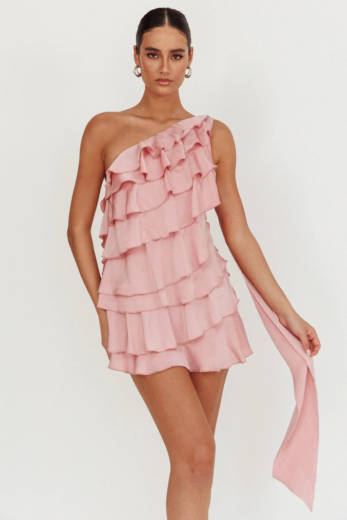 One Shoulder Tiered Ruffle Sash Mini Dress