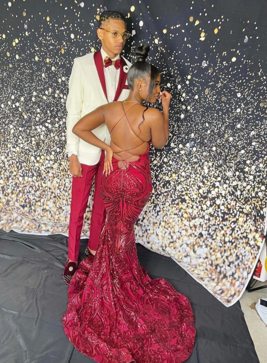 Sexy Burgundy Mermaid Prom Dresses Straps Glitter Sequins Evening Dress cc1182