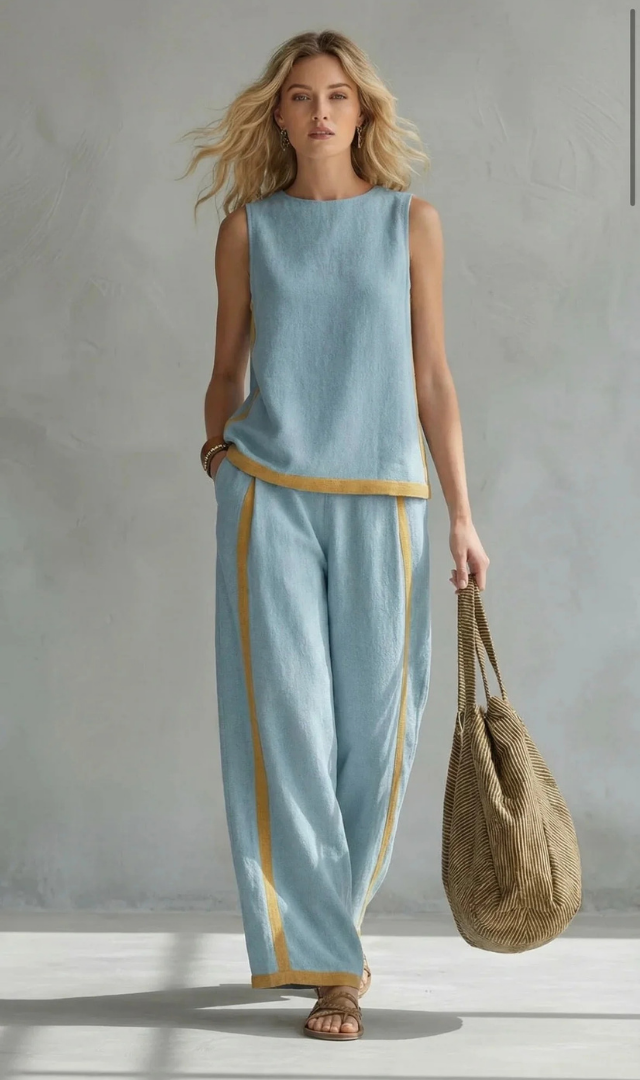 Contrast Trim Sleeveless Top and Wide Leg Pants Two Piece Set