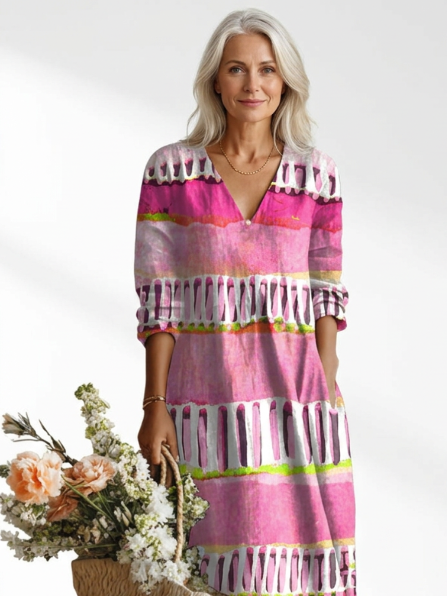 Painterly Stripe Print V-Neck Long Sleeve Tiered Midi Dress