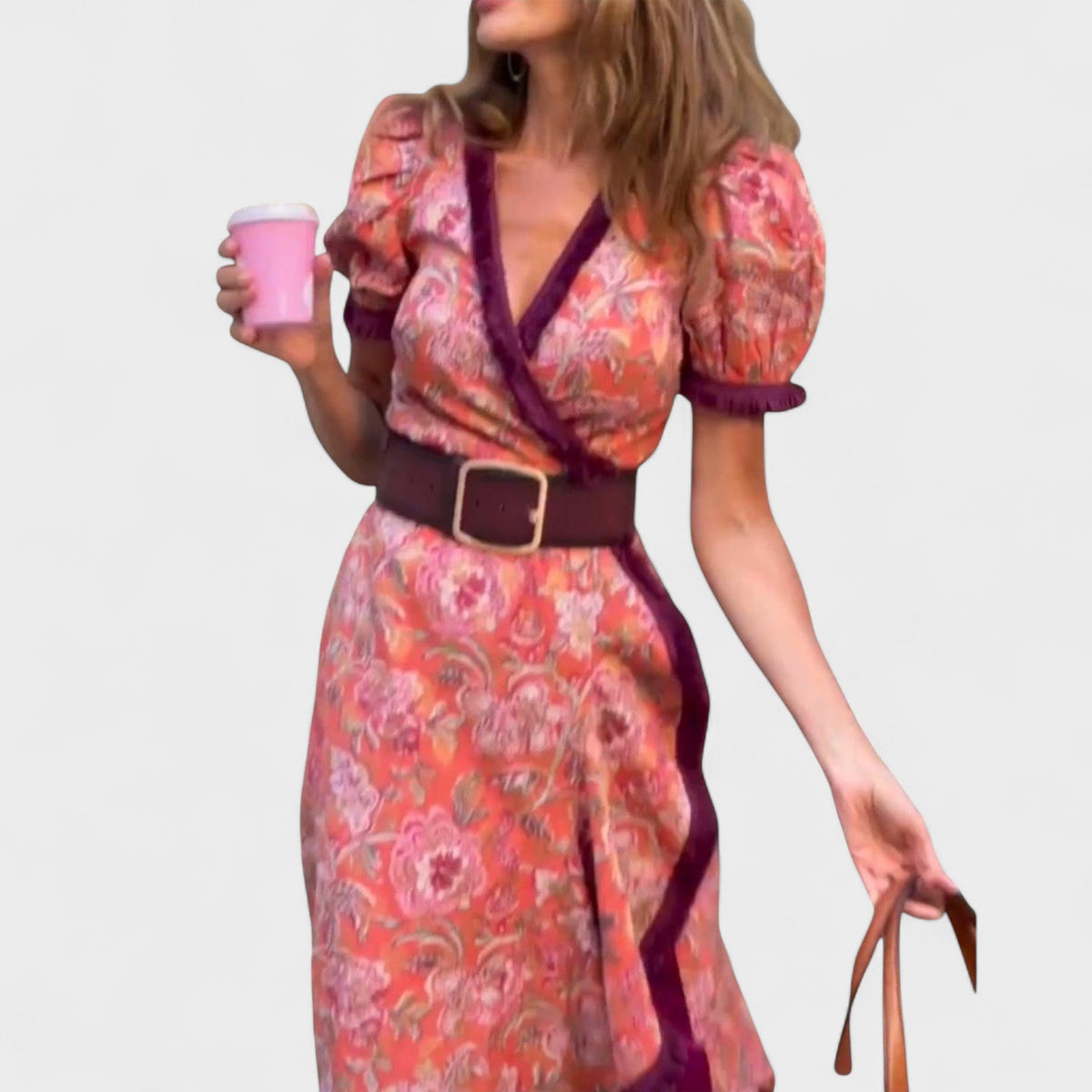 Floral V-Neck Puff Sleeve Ruffle Wrap Maxi Dress