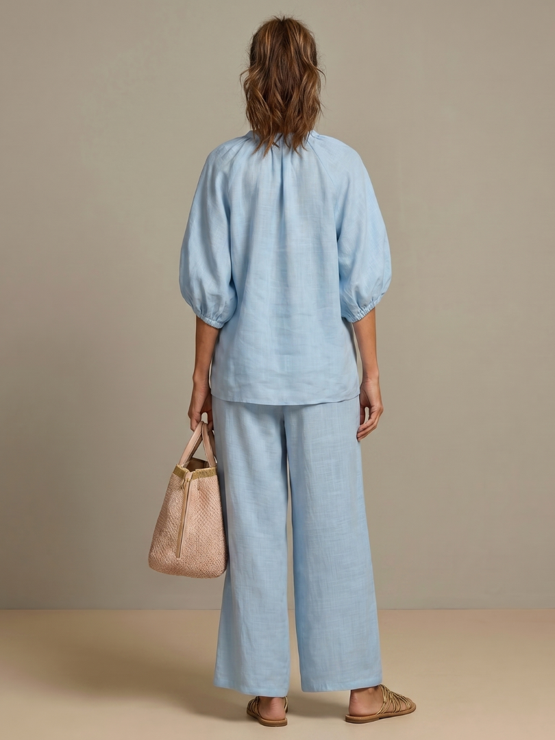 Puff Sleeve Zip Front Top and Wide Leg Pants Two Piece Set