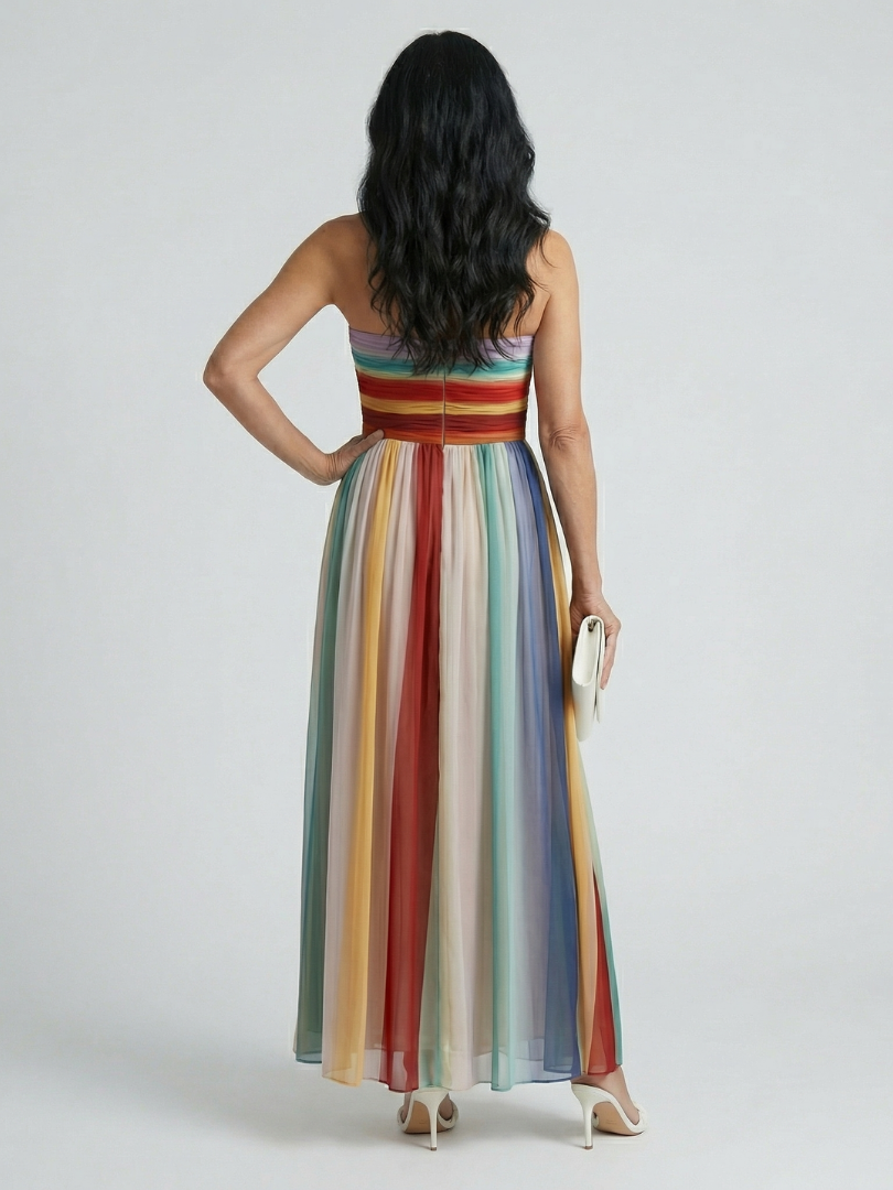 Striped Strapless Pleated Maxi Dress