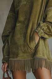 Suede High Neck Long Sleeve Fringe Pocket Mini Dress 3