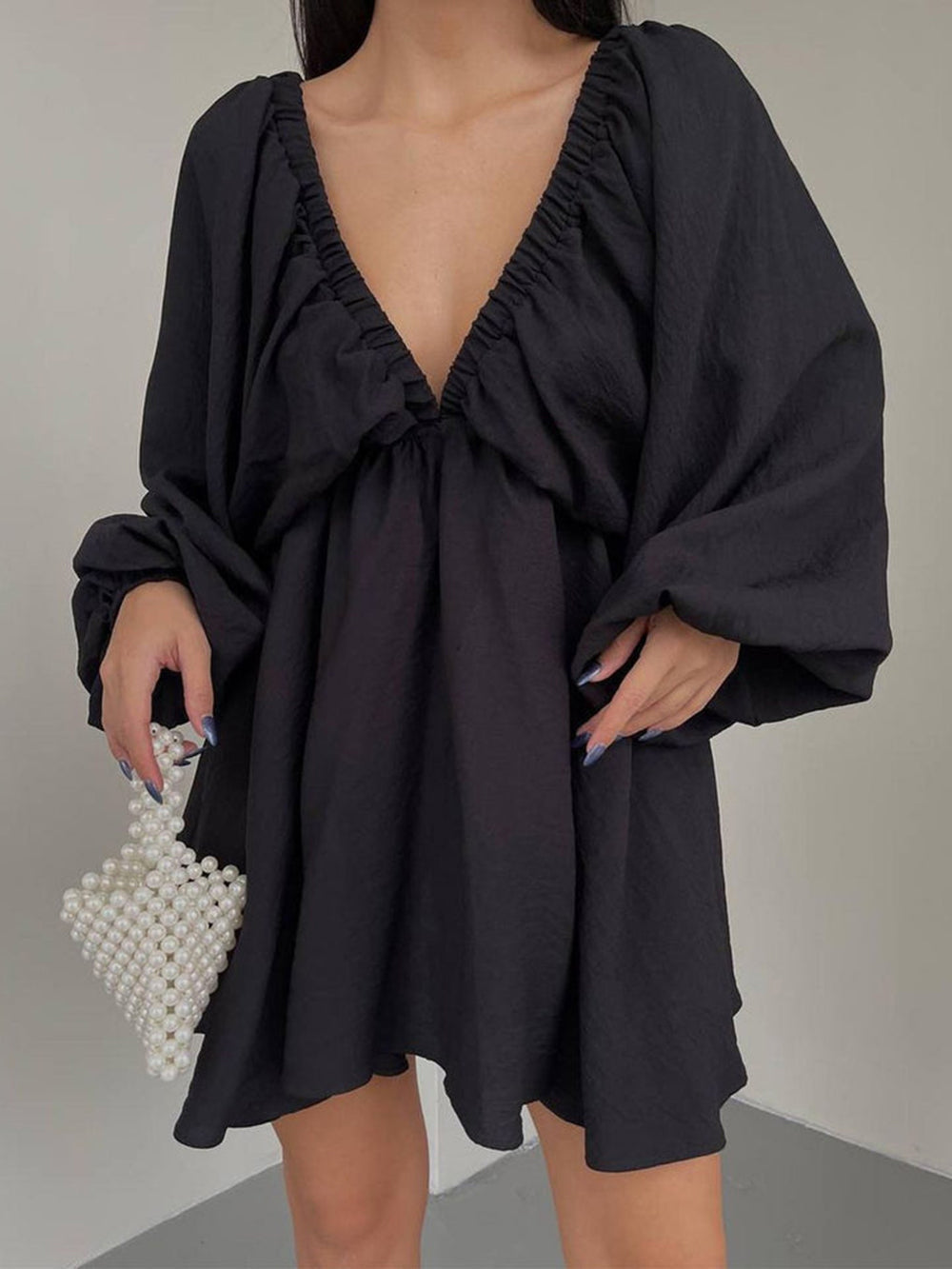 Deep V-Neck Balloon Sleeve Ruched Babydoll Mini Dress