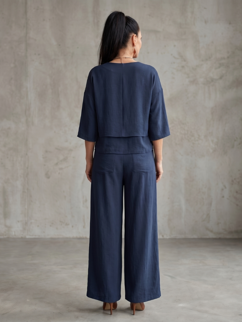 V-Neck Layered Top and Wide Leg Pants Two Piece Set