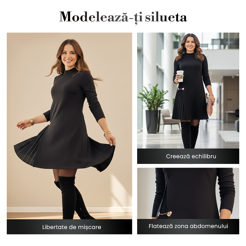High Neck Long Sleeve Pleated A-Line Midi Dress 2