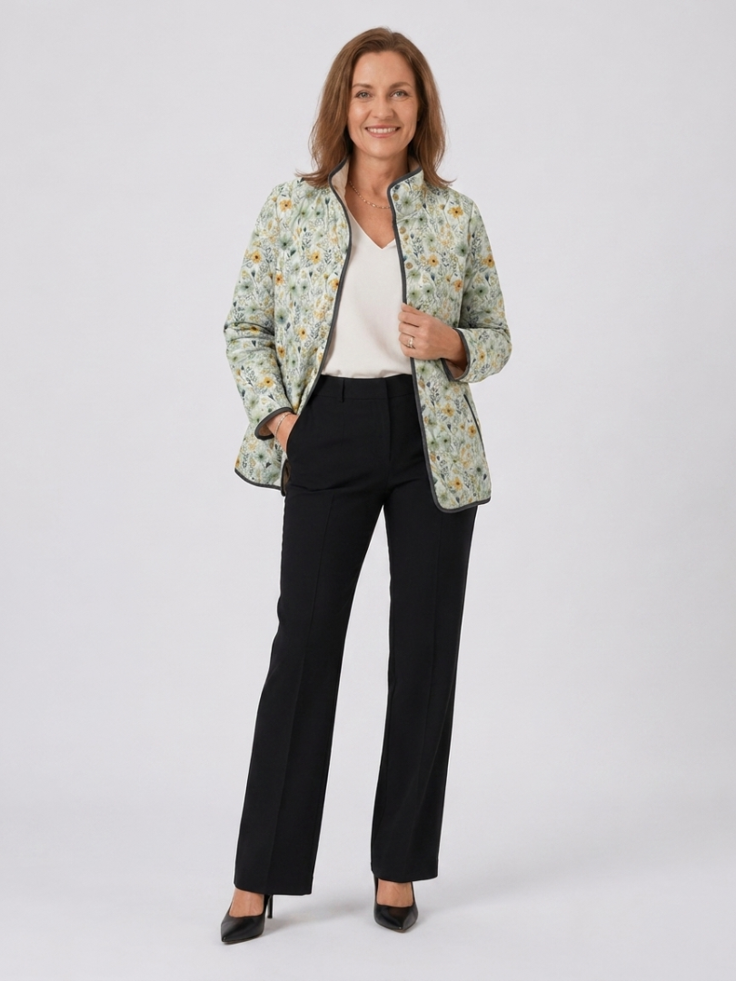 Floral Print Quilted Stand Collar Open Front Jacket