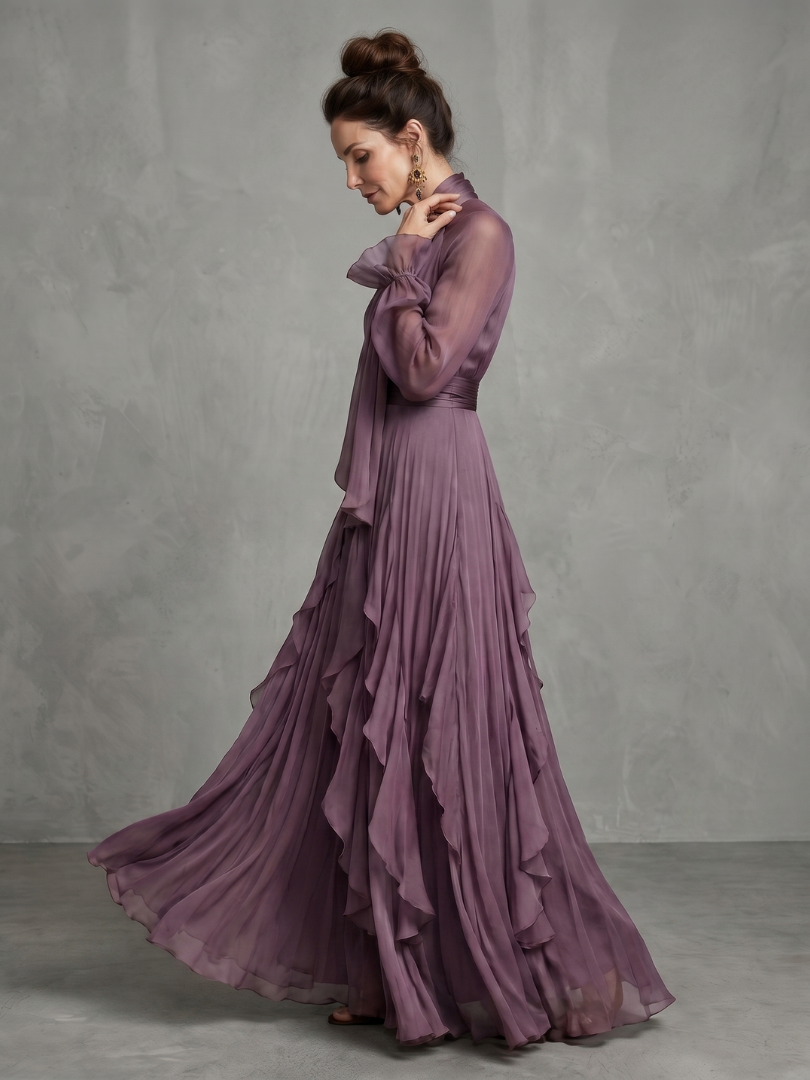 Tie Neck Long Sleeve Ruffle Tiered Chiffon Maxi Gown