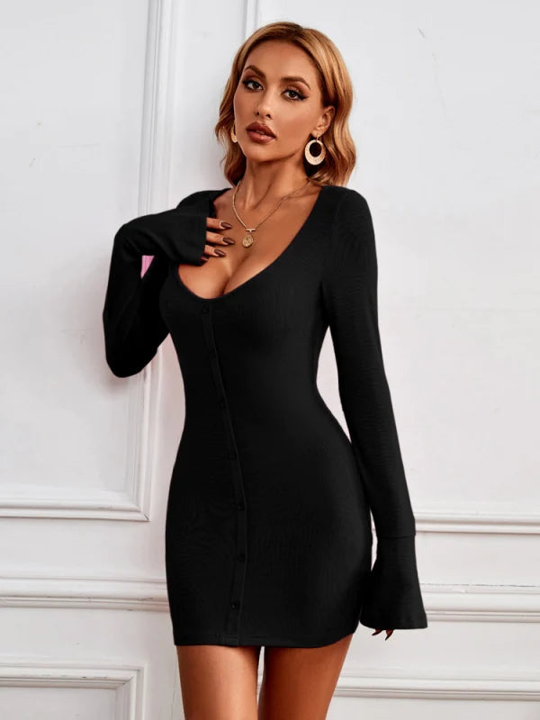 Ribbed Knit Scoop Neck Button Front Bell Sleeve Bodycon Mini Dress 7