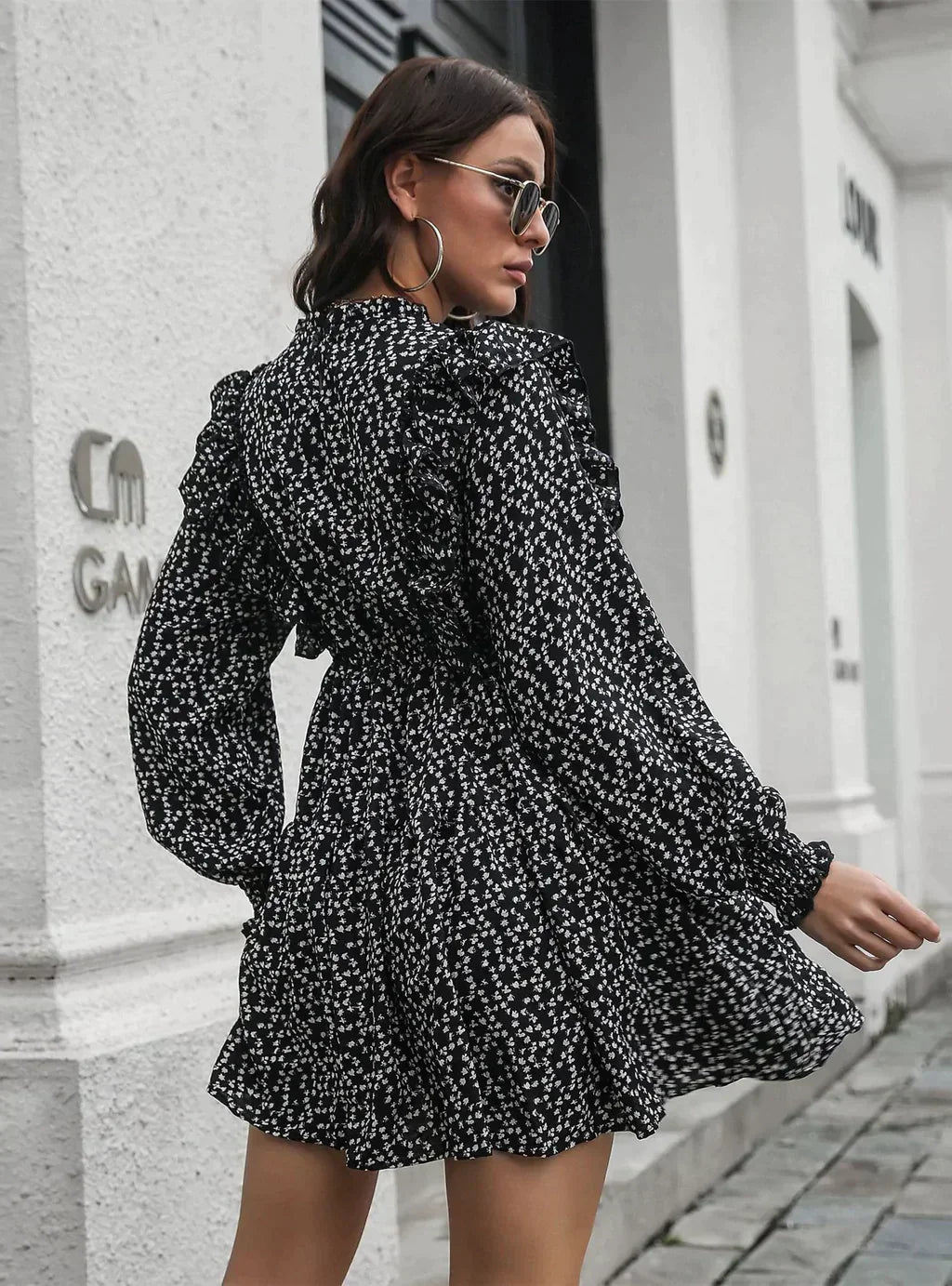Ditsy Print Frill Neck Long Sleeve Ruffle Trim Tiered Mini Dress 7