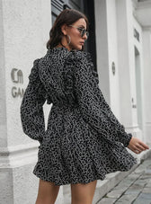 Wood Ear Collar Long Sleeve Printed Dress With Ruffled Detail Xl / Black Dresses