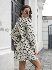 Patterned Arm Flared Flowered Gown With V-Neck Chiffon Drawstring M / Apricot Dresses