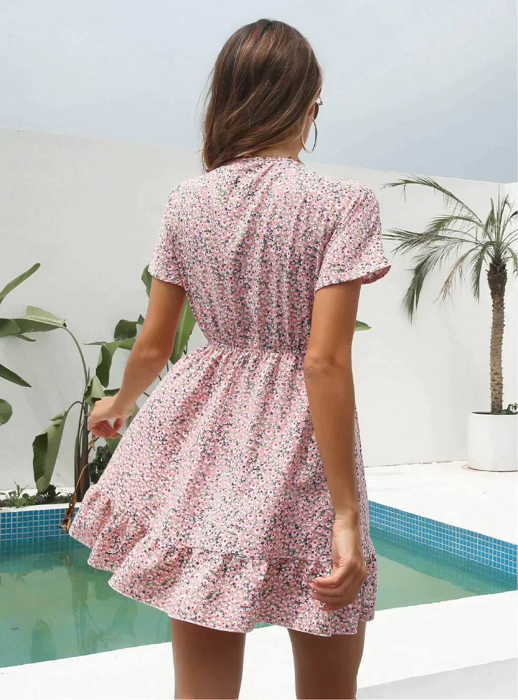 Deep V-Neck Flounces Chiffon Flowered Top M / Pink Dresses
