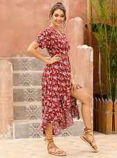 Chiffon V-Neck Flowered Dress S / Yellow