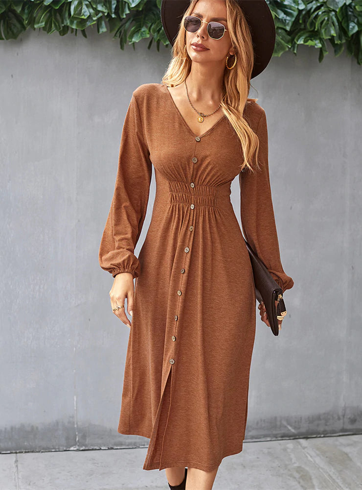 V-Neck Long Sleeve Button Front Smocked Waist A-Line Midi Dress 6