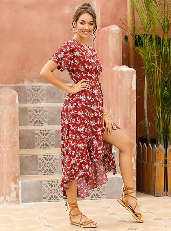 Floral V-Neck Short Sleeve Wrap Ruffle High Low Midi Dress 2
