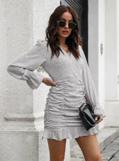 V-Neck Flounce Printed Chiffon Dress With Pleats M / Gray Dresses