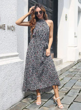 Halter With Gown Design Long Belt Leopard Neck M / Black Dresses