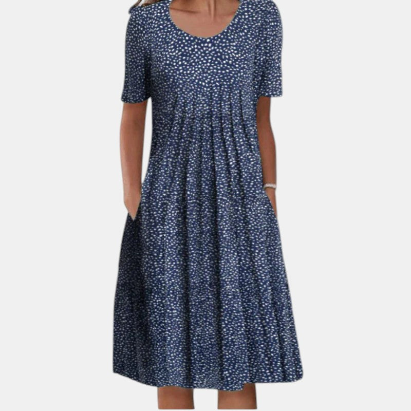 Spotted Print Scoop Neck Short Sleeve Pleated Pocket Midi Dress