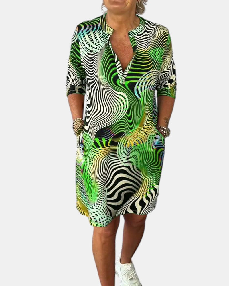 Abstract Print V-Neck Roll Sleeve Shirt Dress