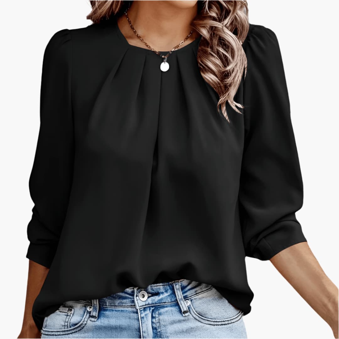 Pleated Round Neck 3/4 Sleeve Blouse