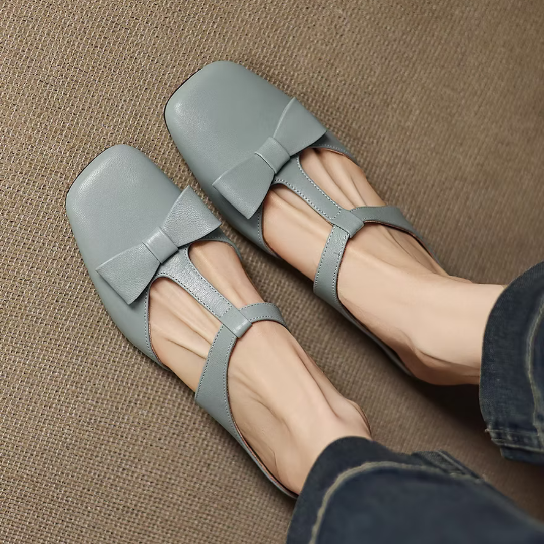 Square Toe Bow T-Strap Flat Mules