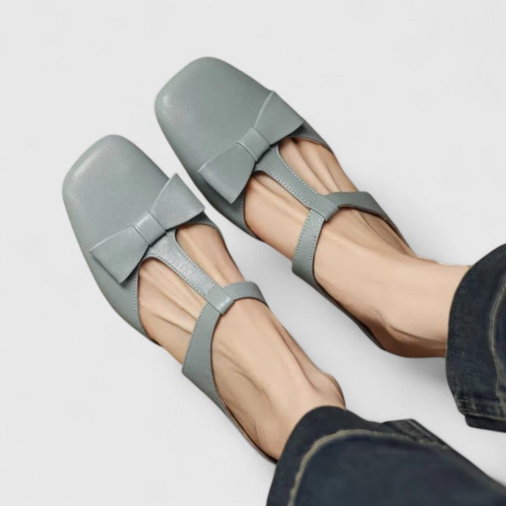 Square Toe Bow T-Strap Low Block Heel Mules