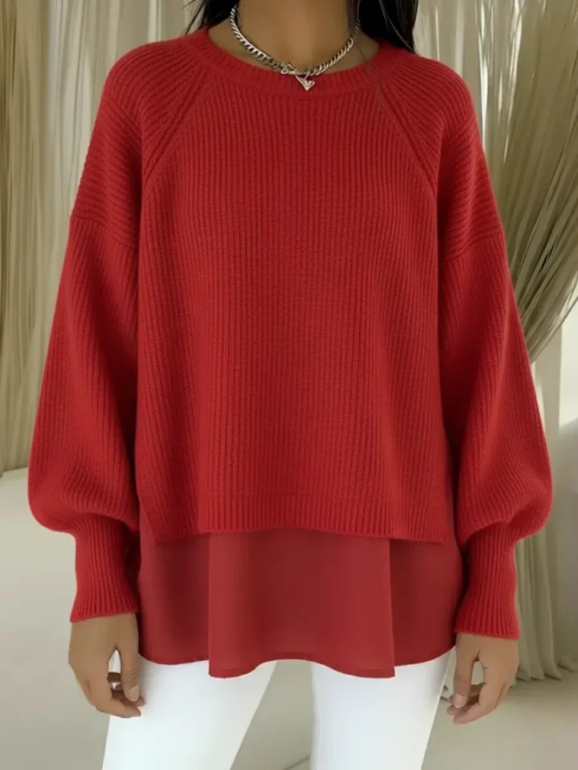Crew Neck Layered Chiffon Hem Ribbed Knit Sweater