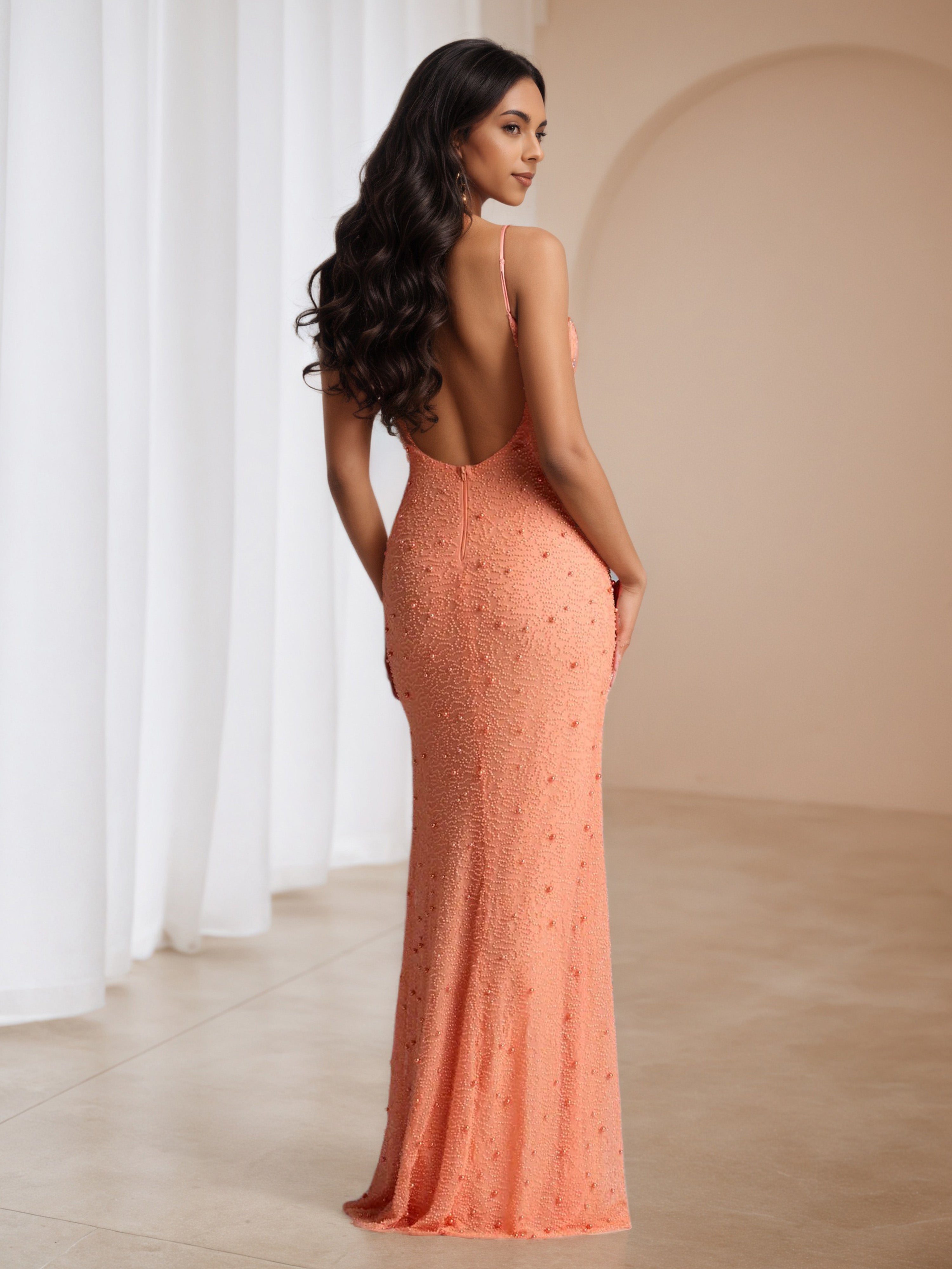Papaya Pearl Trumpet/Mermaid Spaghetti Straps Formal Dresses