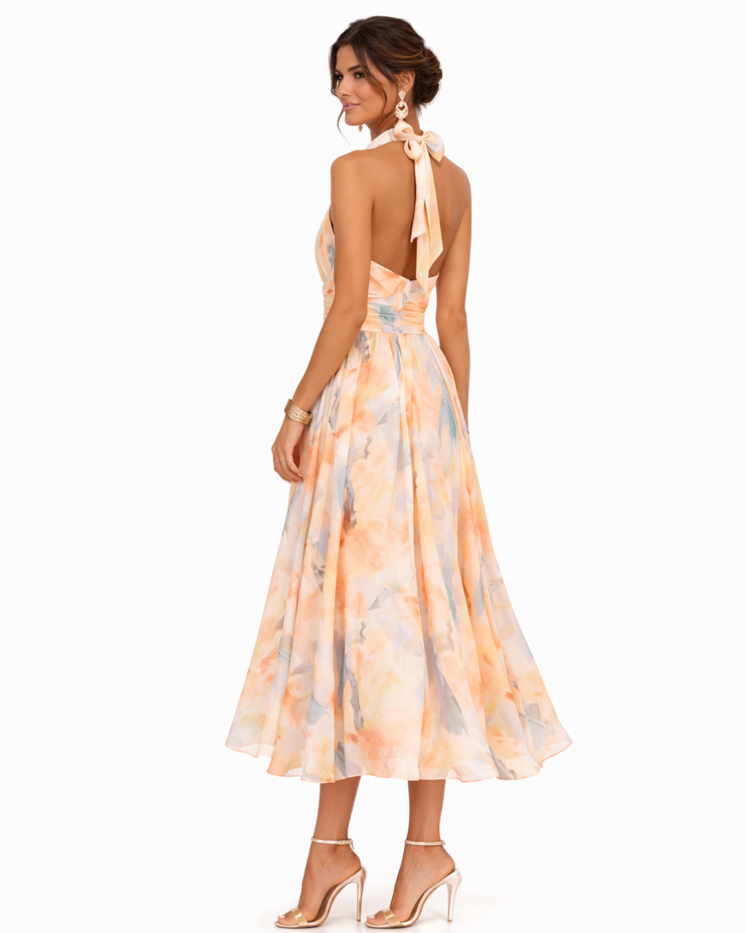 Watercolor Floral Halter Neck A-Line Midi Dress
