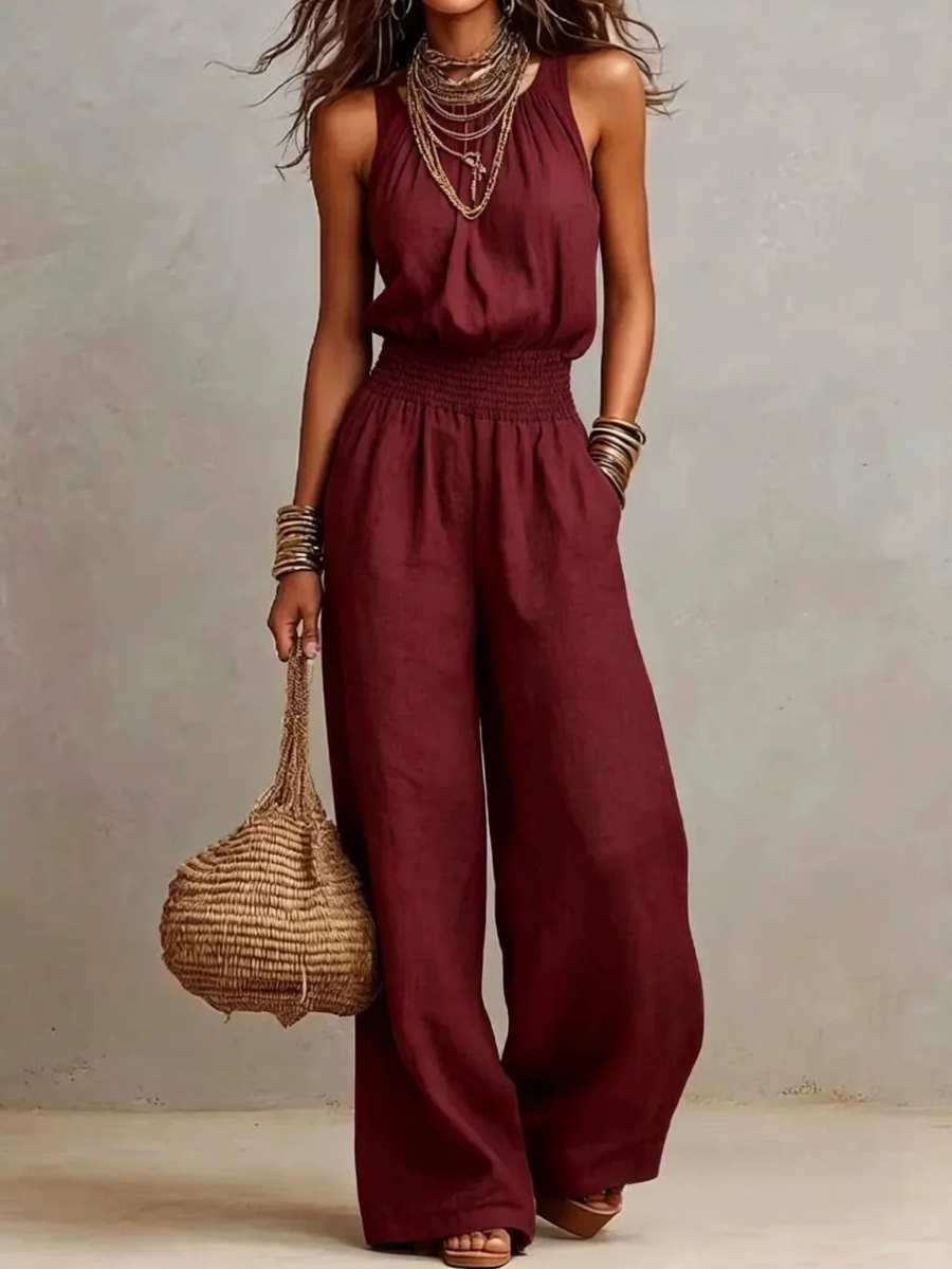Halter Neck Smocked Waist Wide Leg Jumpsuit 4