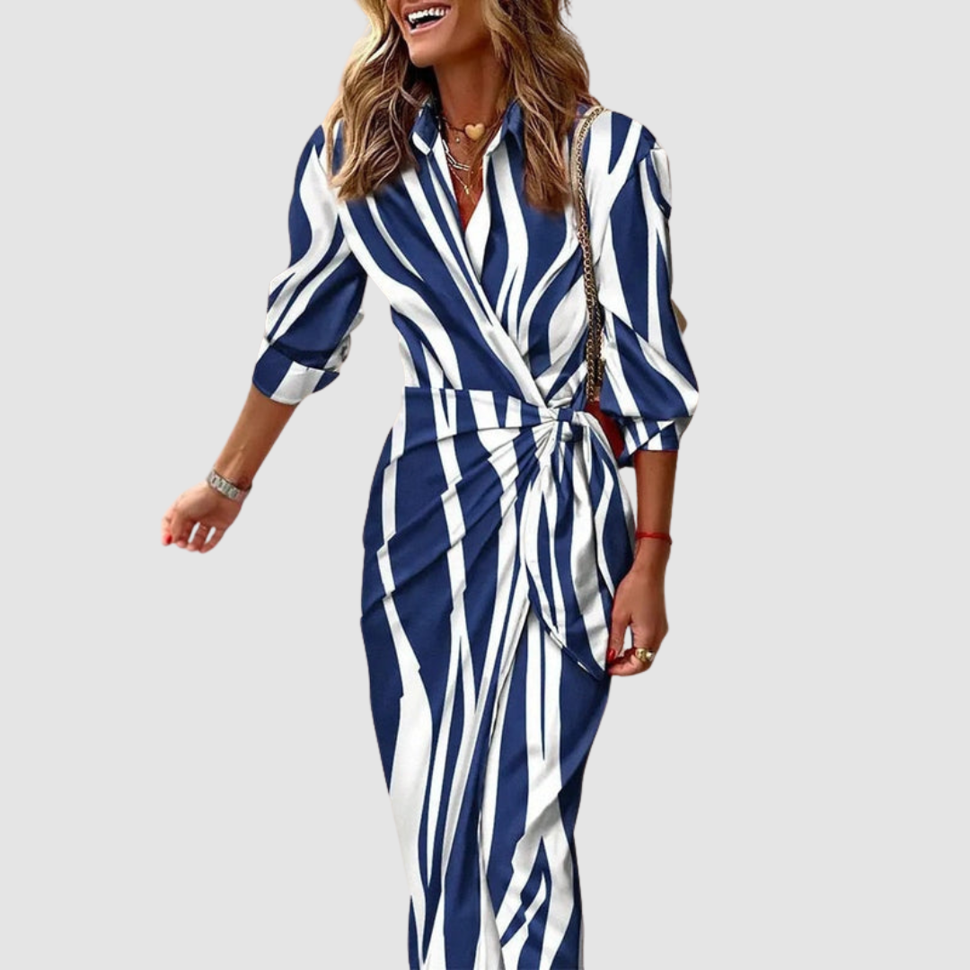 Striped Collared Long Sleeve Twist Front Shirt Dress