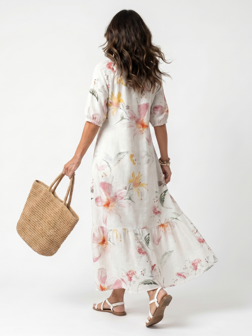 Floral Print V-Neck Short Sleeve Tiered Tassel Maxi Dress