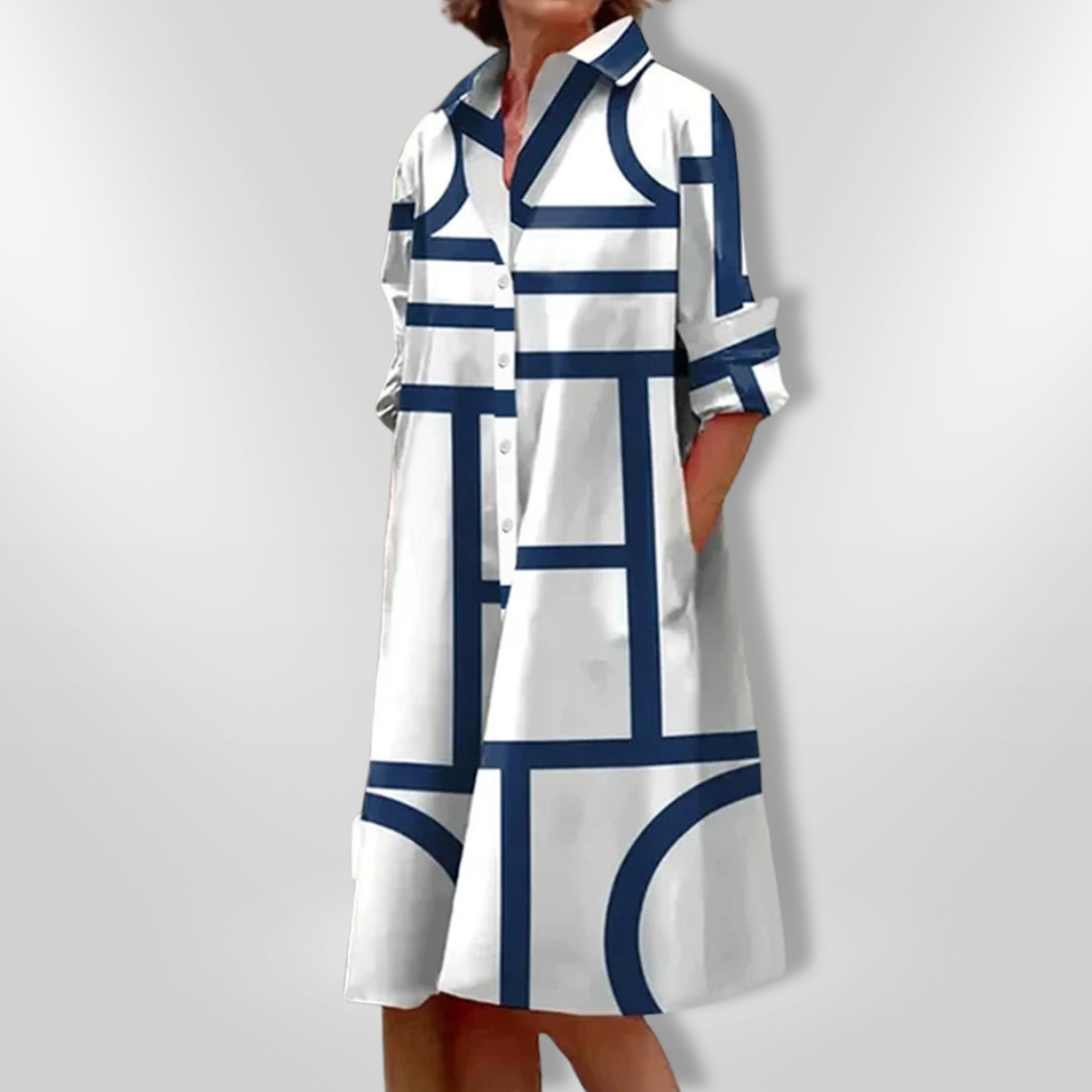 Geometric Print Collared Button Front A-Line Midi Shirt Dress