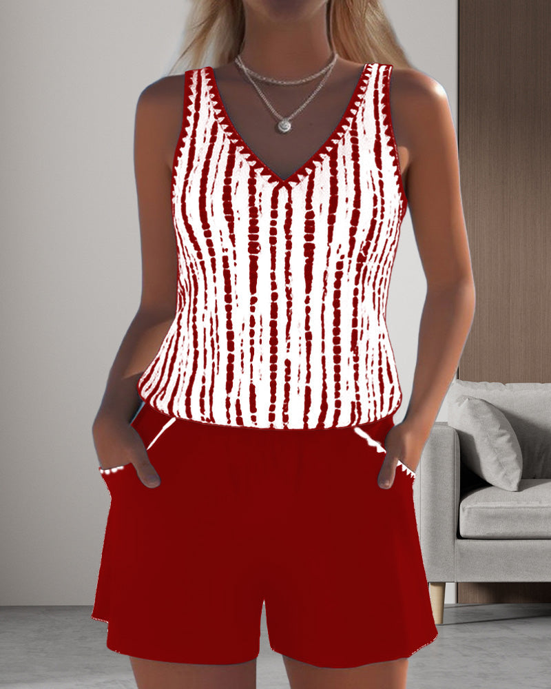 Striped V-Neck Sleeveless Pocket Playsuit