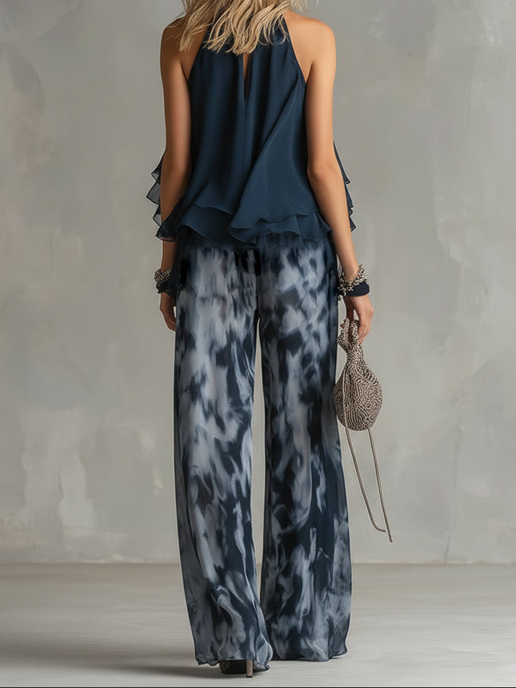 Halter Neck Ruffle Top and Tie Dye Wide Leg Pants Two Piece Set