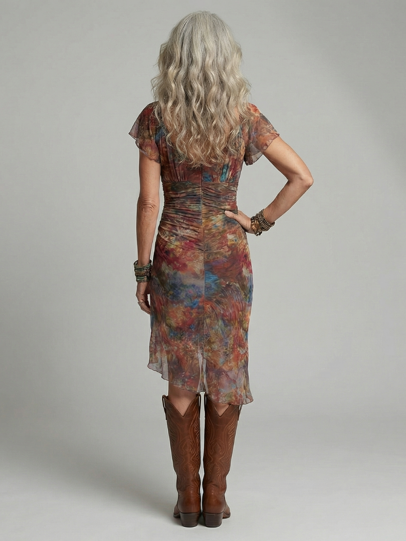 Floral Print V-Neck Flutter Sleeve Ruched High Split Midi Dress 4