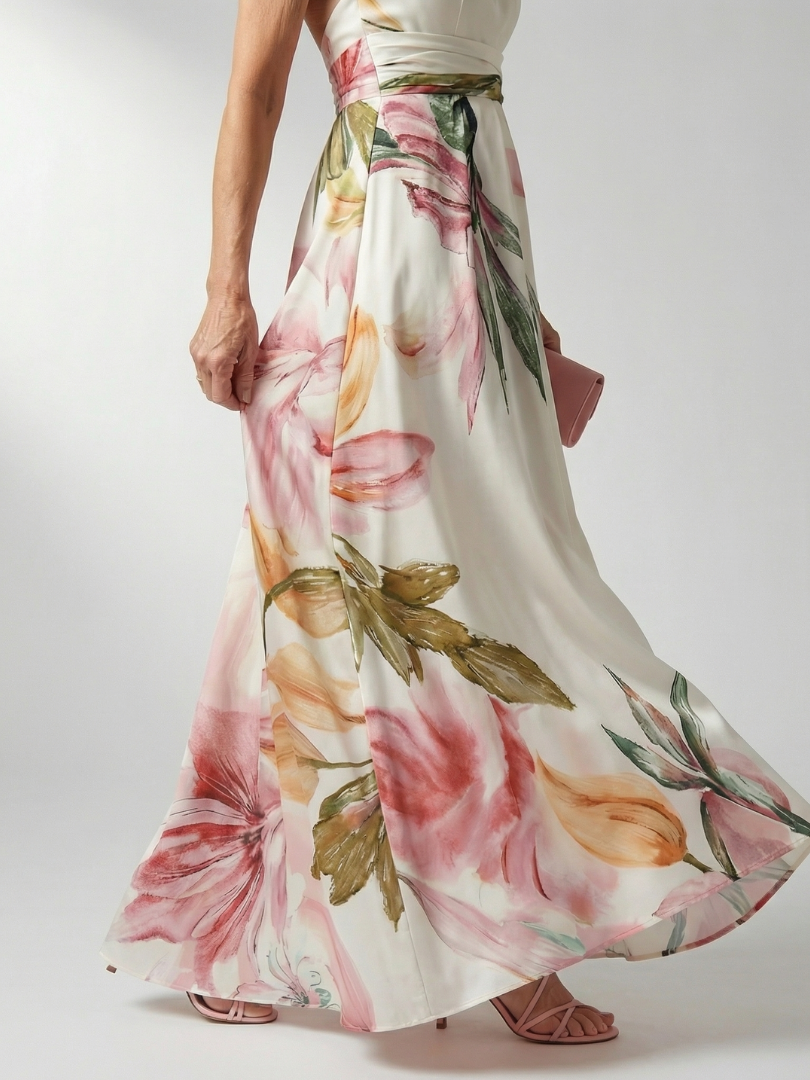 Floral Halter Neck One Shoulder Satin Maxi Dress