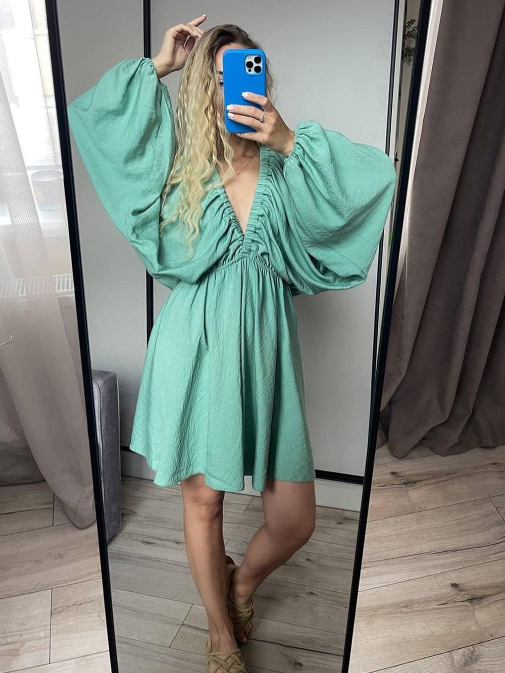 Deep V-Neck Balloon Sleeve Ruched Babydoll Mini Dress